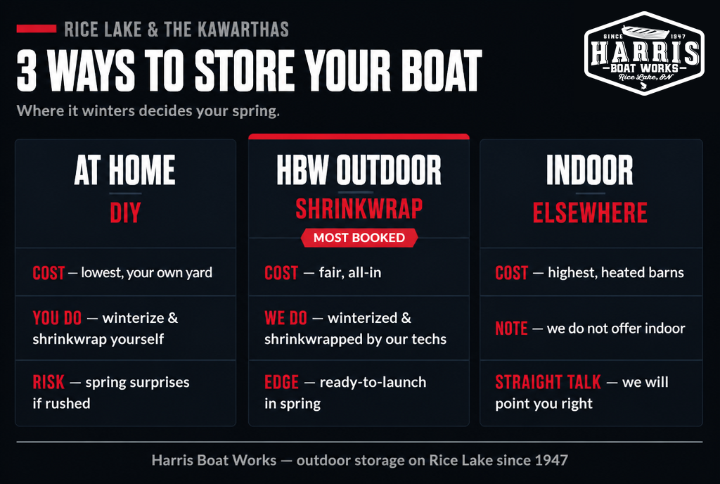 Three ways to store your boat on Rice Lake — at home DIY, HBW outdoor shrinkwrap, or indoor elsewhere, compared on cost and effort