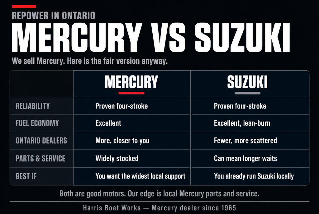 Mercury vs Suzuki outboard: a fair Ontario dealer comparison of reliability, fuel economy, local dealer network, parts, and best-fit owner
