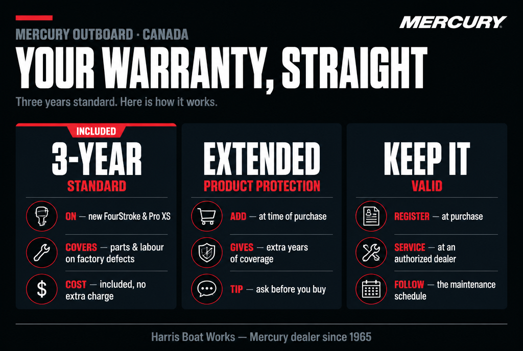 Mercury outboard warranty in Canada: 3-year standard factory coverage, extended Product Protection, and how to keep it valid