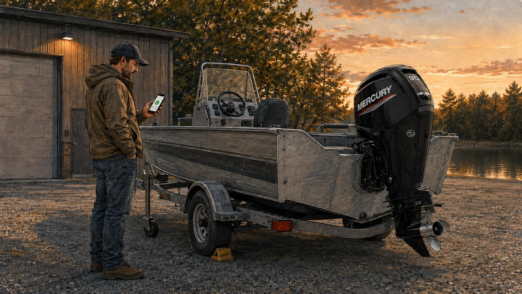 Illustration of an owner checking a service request beside a trailered boat with a Mercury outboard at dusk.