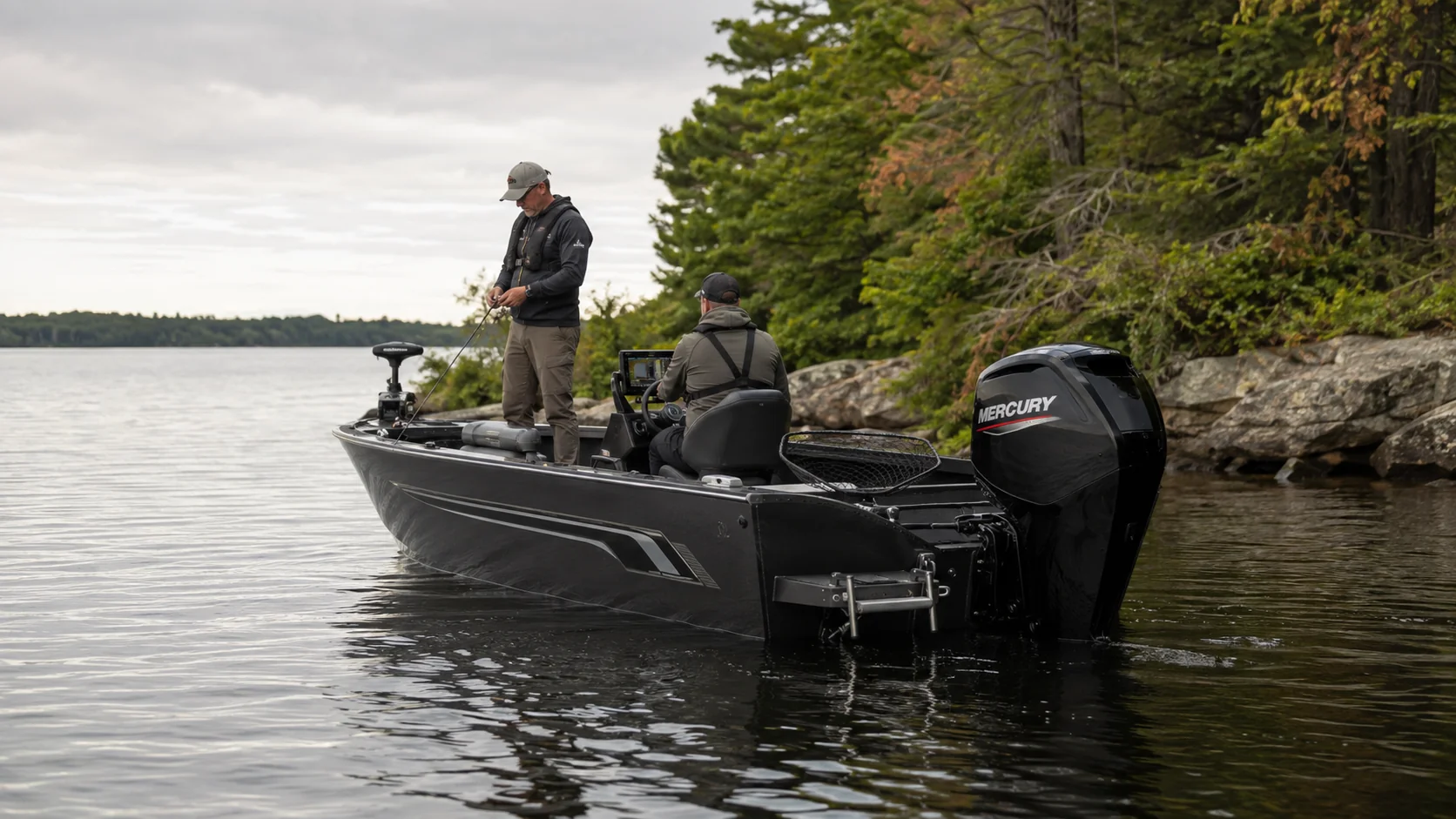 AI-generated editorial scene of two anglers wearing flotation vests in an aluminum fishing boat with a Mercury outboard.