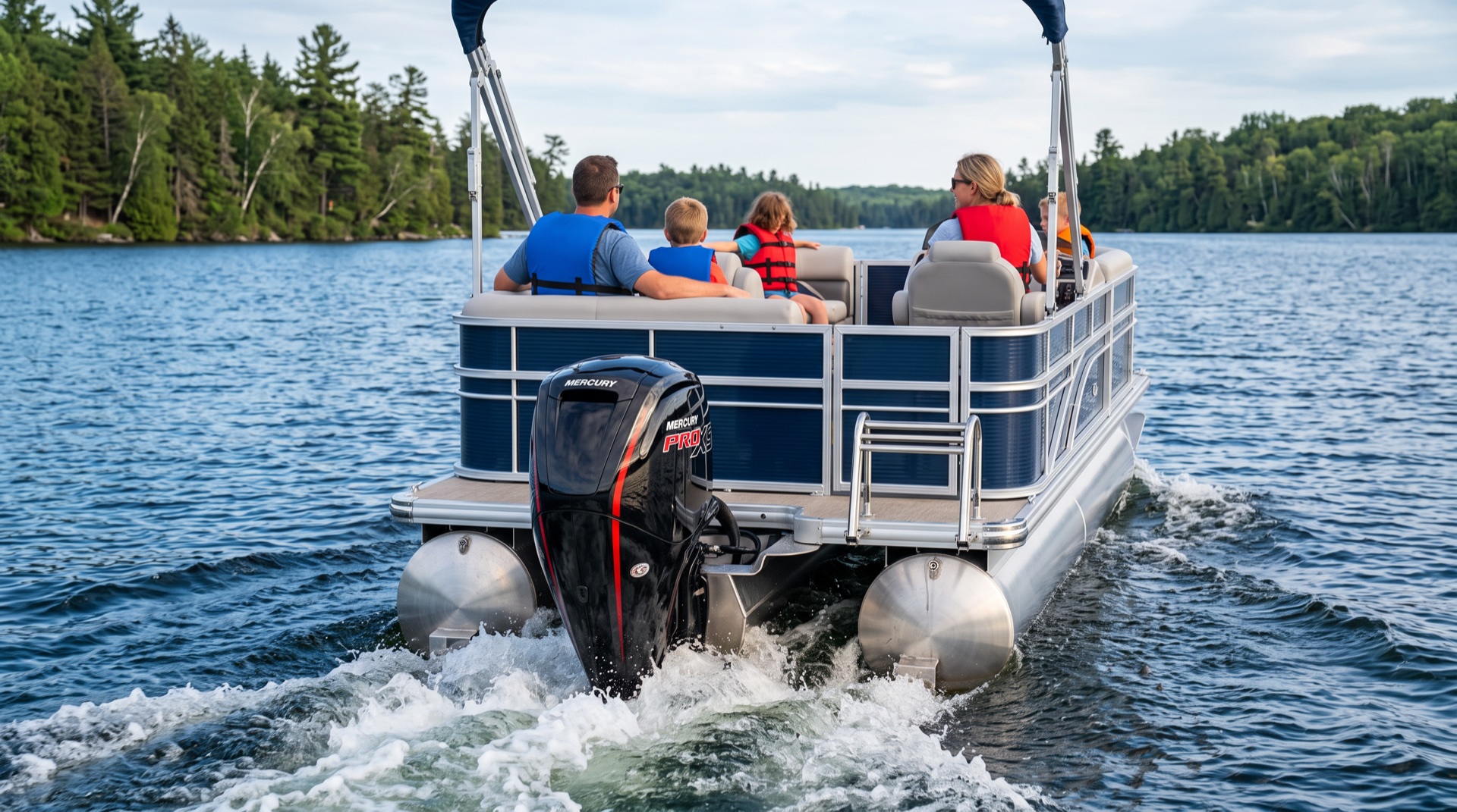 A family in lifejackets cruises on a navy pontoon boat powered by a single black Mercury Pro XS outboard at the stern