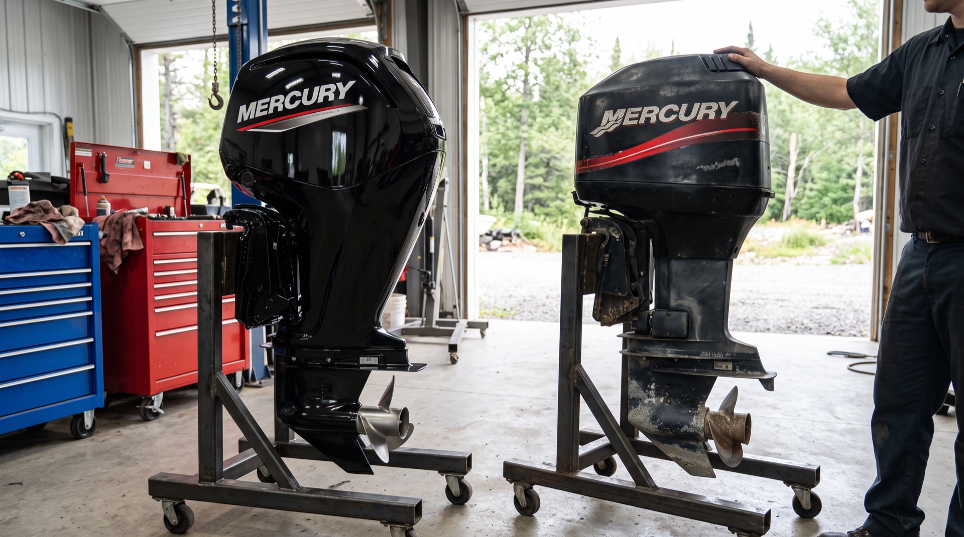 Two Mercury outboards on stands in a shop, a glossy new one beside an older faded one with a technician's hand on it