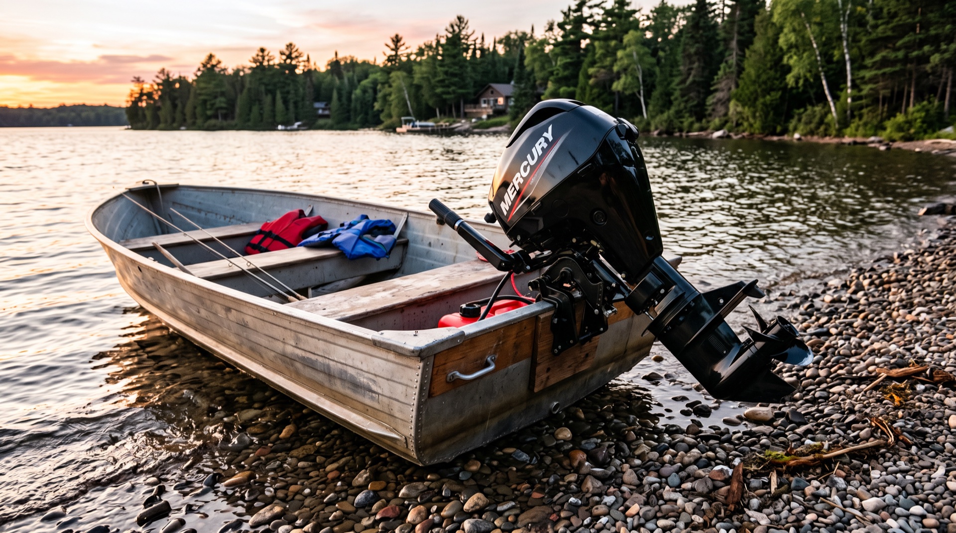 Small aluminum boat on a pebble beach at sunset with a portable Mercury outboard tilted up, lifejackets and rods inside