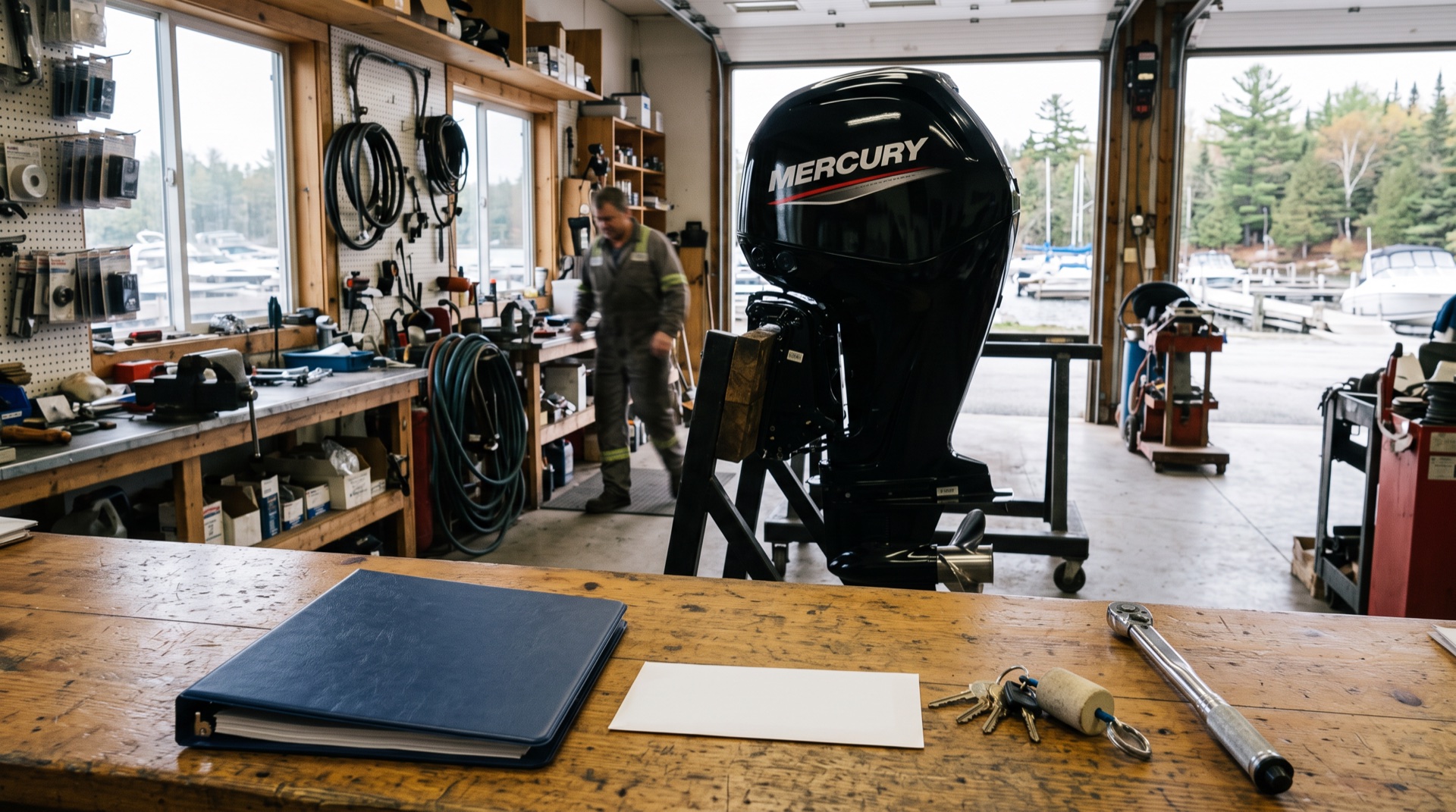 Wooden shop counter with a navy binder, an envelope, keys and a torque wrench, and a black Mercury outboard on a stand behind