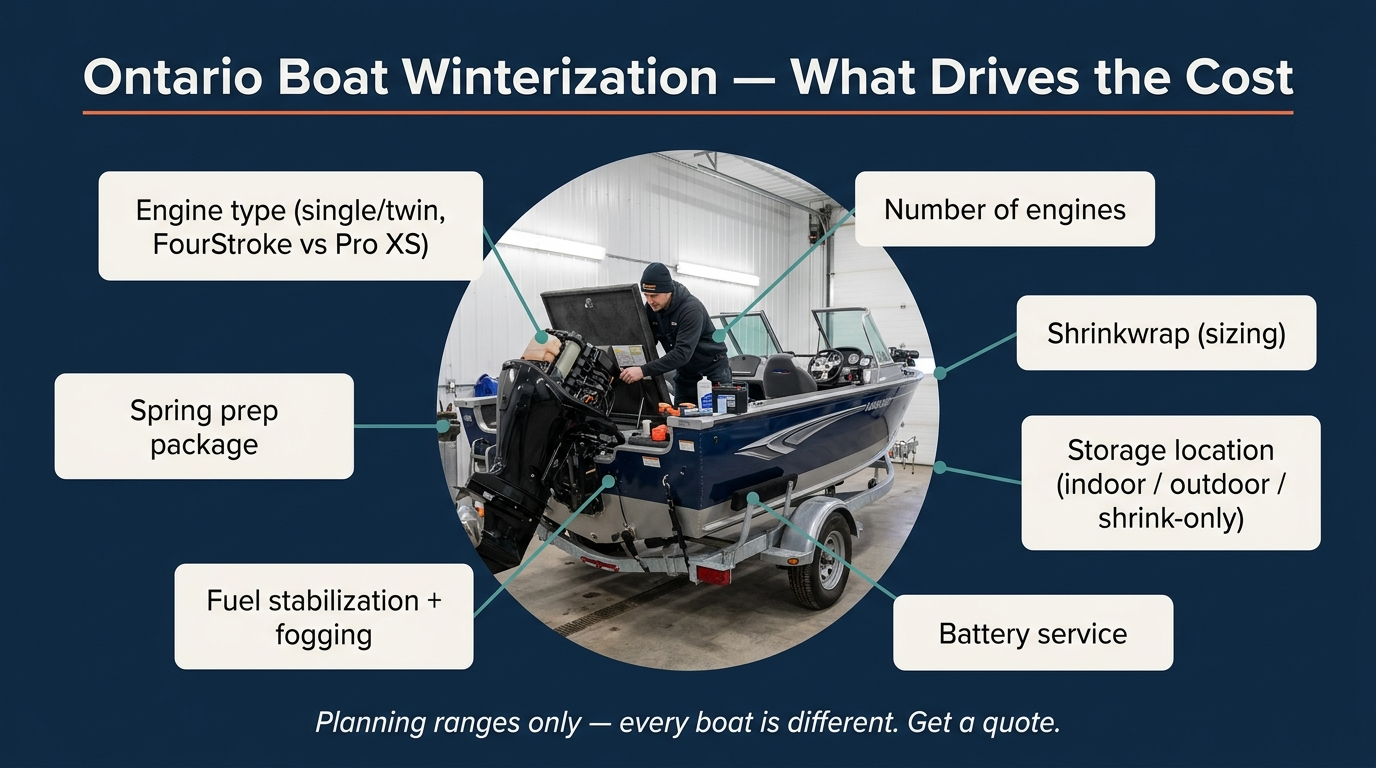 Ontario boat winterization cost drivers graphic showing engine type, number of engines, shrinkwrap, storage, battery, and spring prep