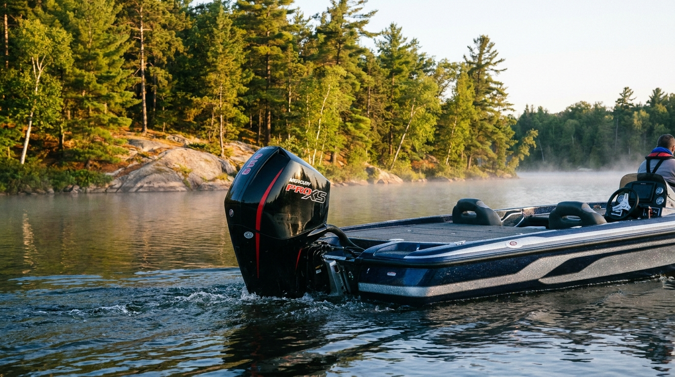 17-foot fiberglass bass boat with Mercury 115 Pro XS Command Thrust on Rice Lake.