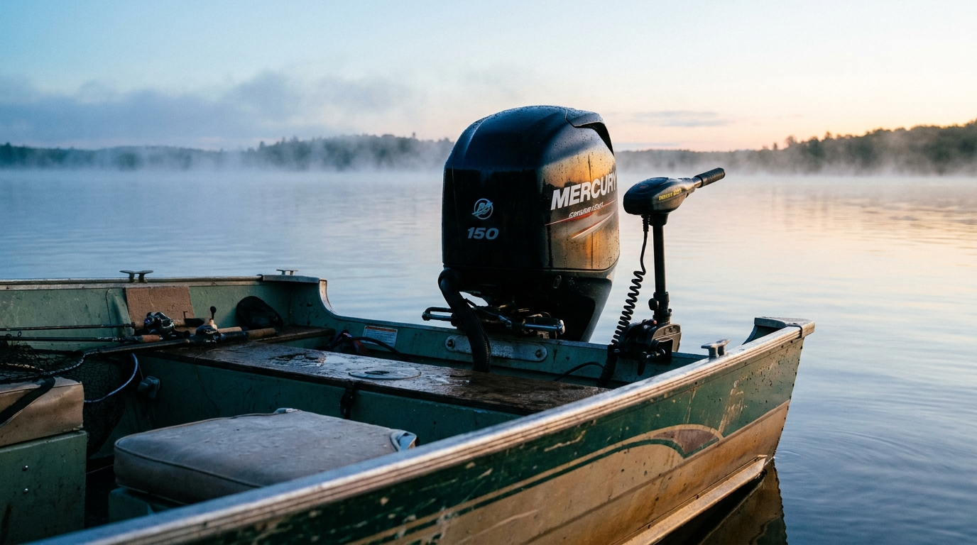 18-foot aluminum walleye boat with a Mercury Avator 7.5e electric kicker on Rice Lake.