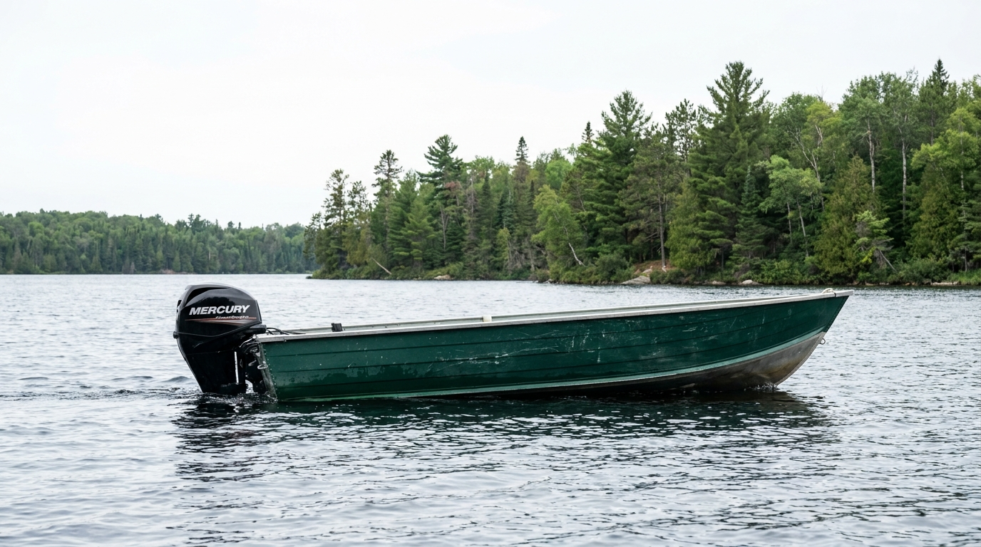 18-foot deep-V aluminum boat with a Mercury 60 HP FourStroke Command Thrust on Rice Lake.