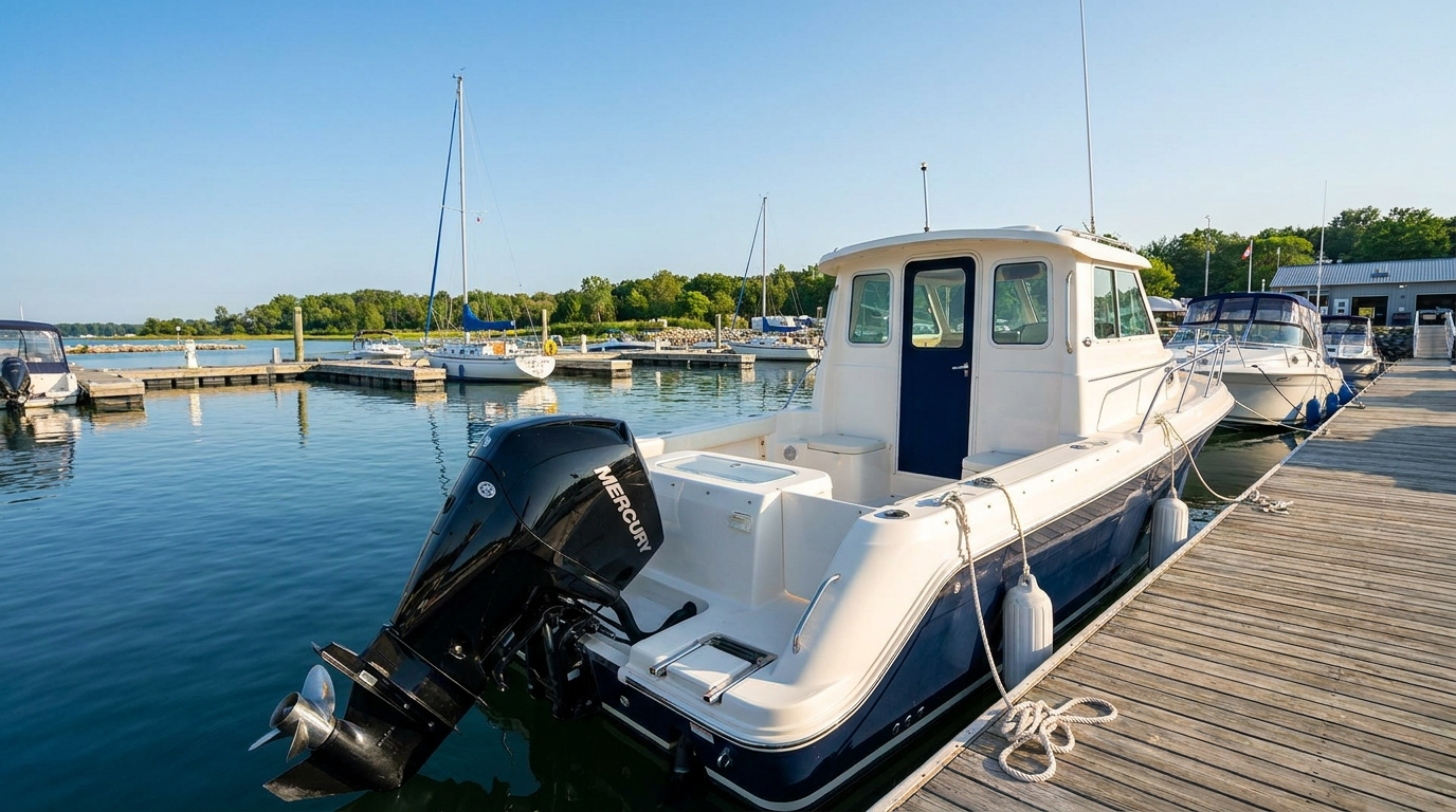 23-foot cabin walkaround boat with a single Mercury 300 V8 replacing twin 115s.