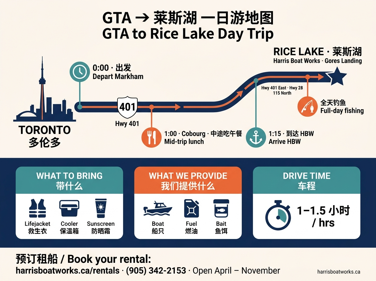GTA 到 莱斯湖 一日游地图 / GTA to Rice Lake day-trip route map