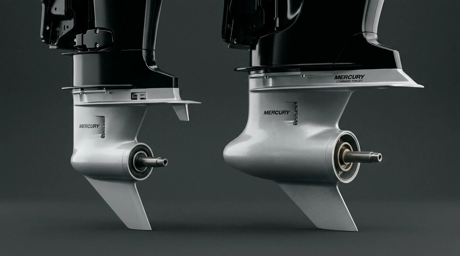 Mercury standard and Command Thrust gearcases shown side by side.