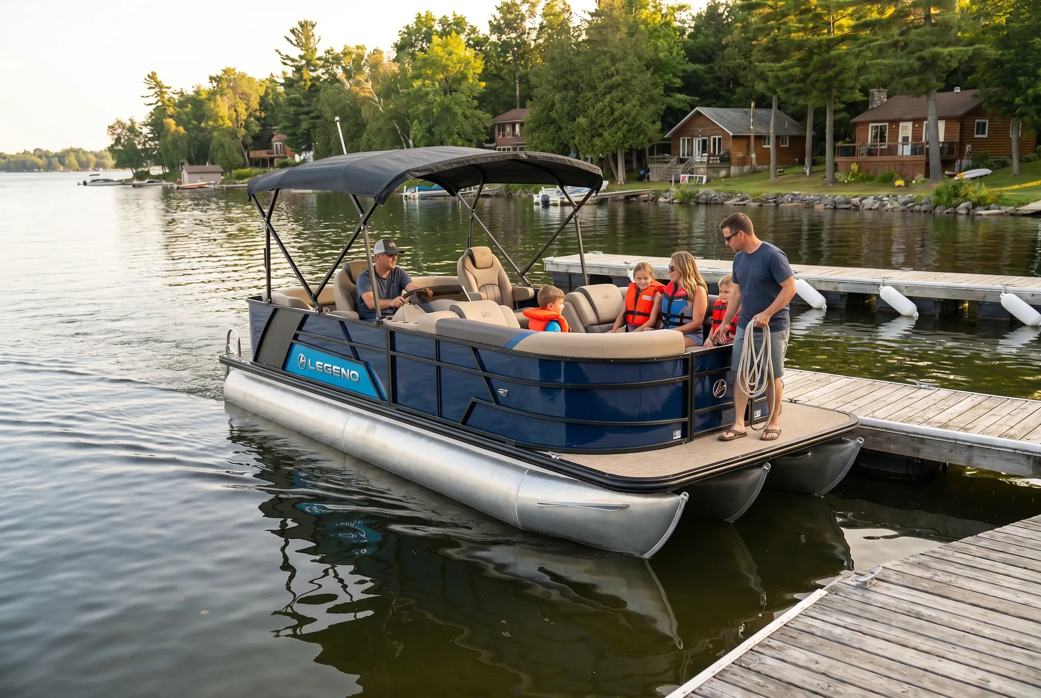 A rental pontoon easing up to the dock at low speed