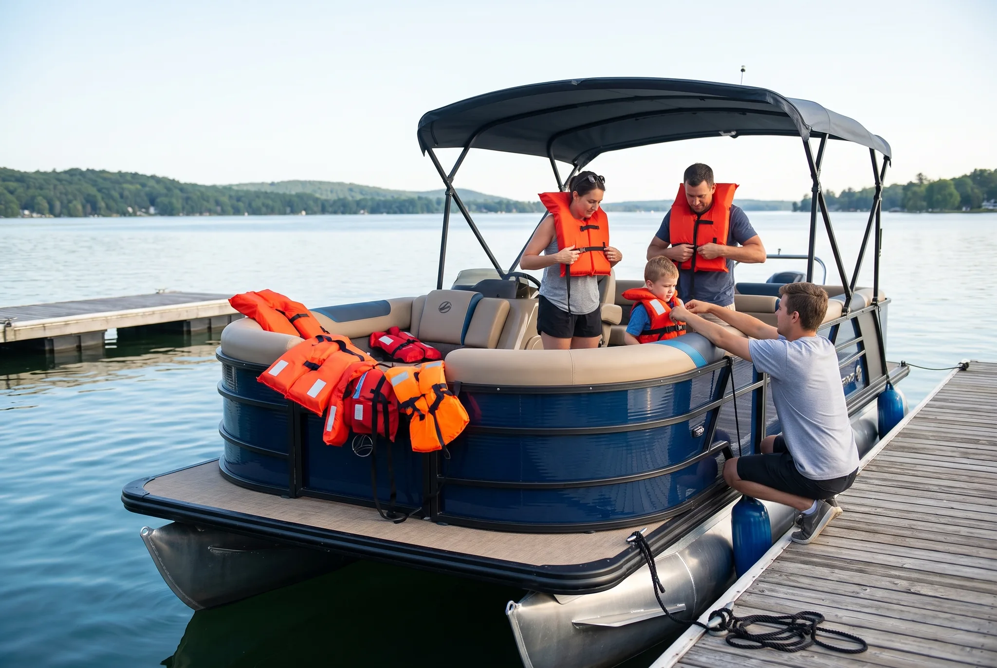 Life jackets fitted and laid out on a pontoon at the Harris Boat Works rental dock
