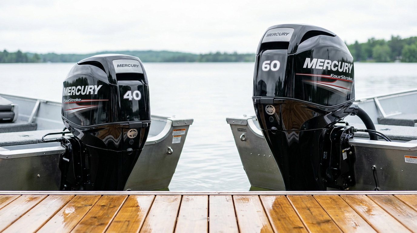 Mercury 40 HP and 60 HP FourStroke side-by-side on identical 16-foot aluminum boat transoms
