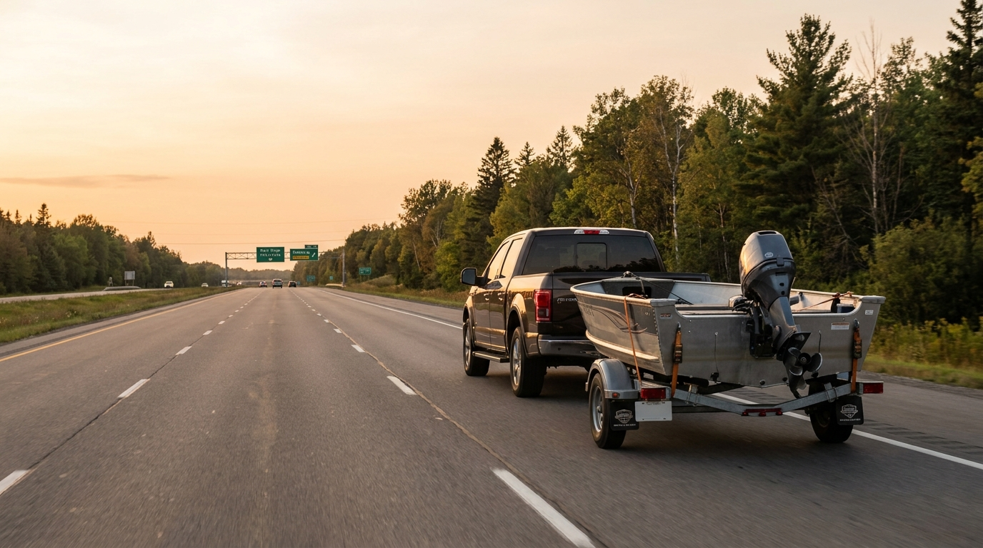 Pickup truck towing an aluminum fishing boat eastbound on Highway 401 at golden hour