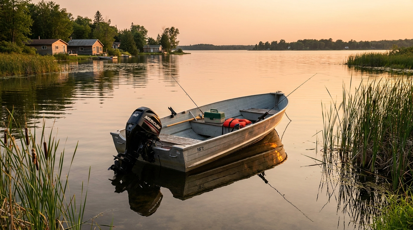 Affordable 16-foot aluminum fishing boat with Mercury 40 anchored on Rice Lake
