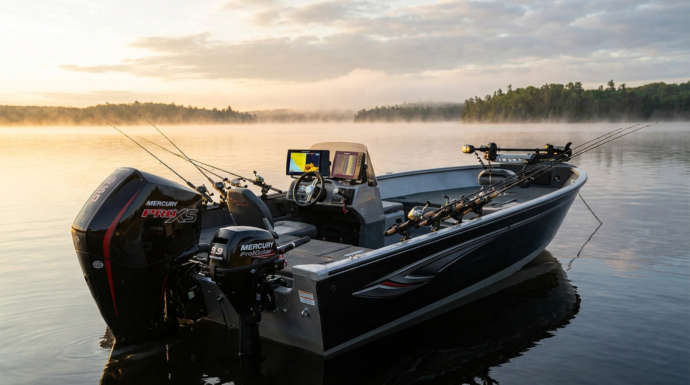 Tournament-rigged bass boat with Mercury Pro XS and 9.9 ProKicker on a calm Ontario dawn