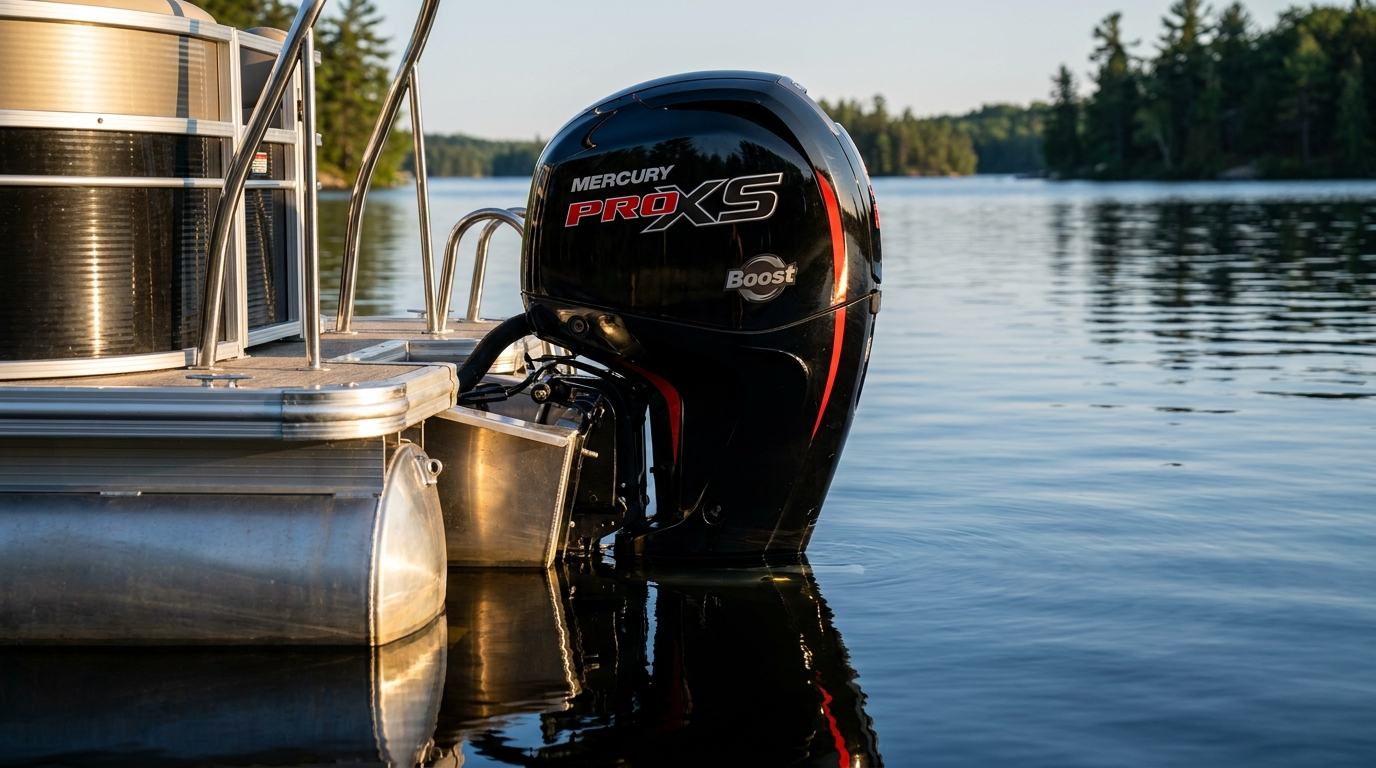 Mercury 150 Pro XS Boost outboard on tritoon pontoon transom