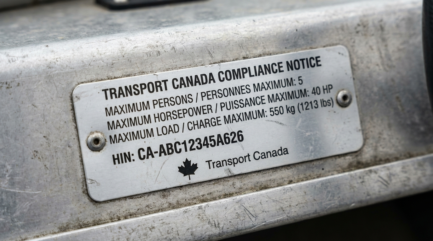 Macro close-up of a Transport Canada Compliance Notice showing max persons, horsepower, and load fields