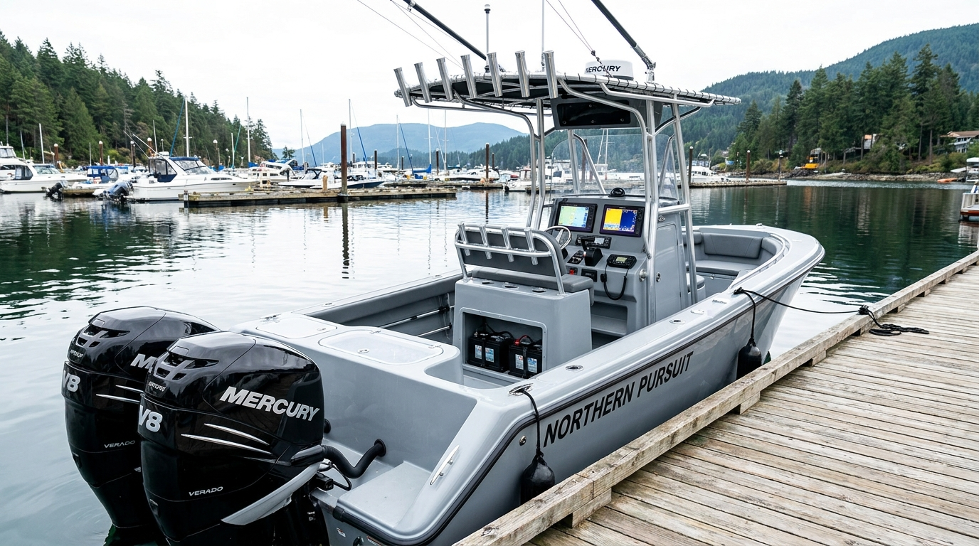 24-foot center-console fishing boat with twin Mercury Verado V8 outboards
