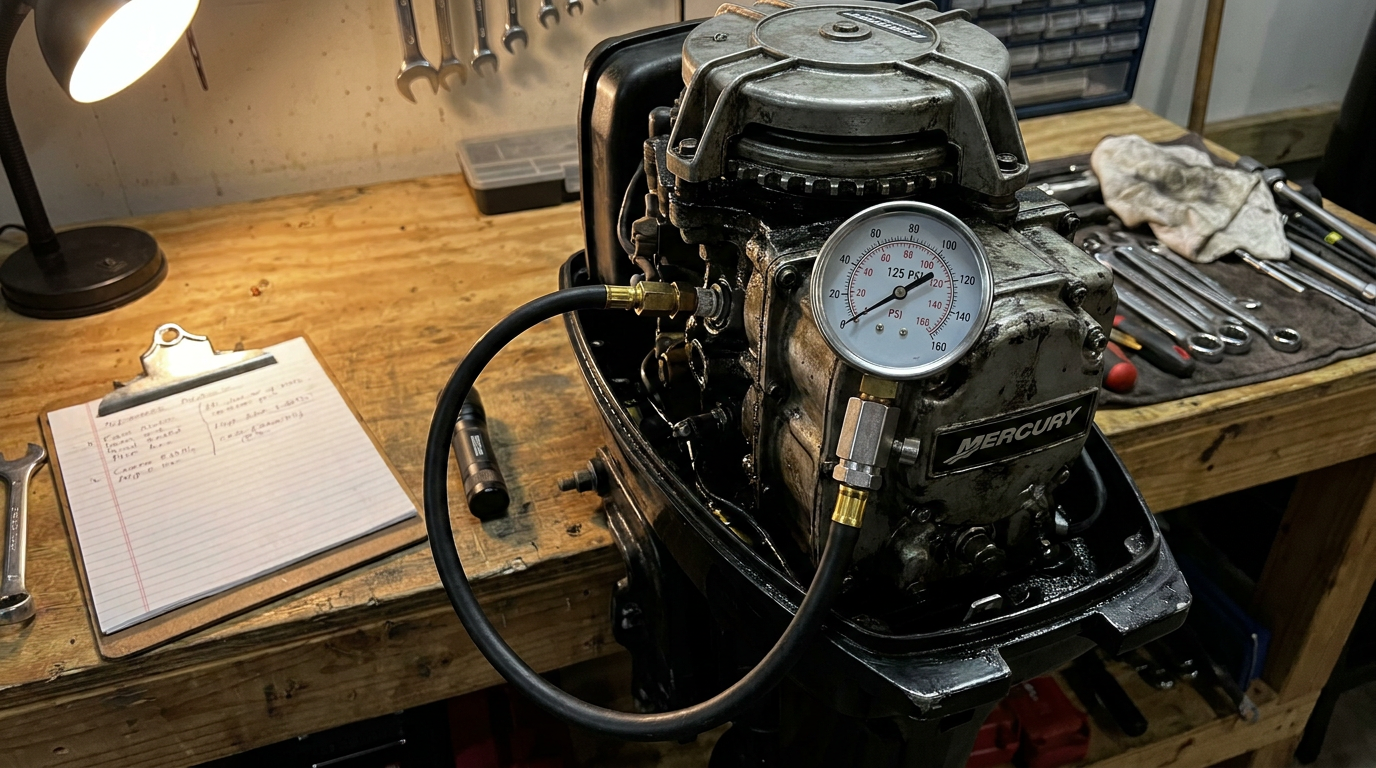 Compression test gauge connected to a Mercury outboard powerhead during pre-purchase inspection