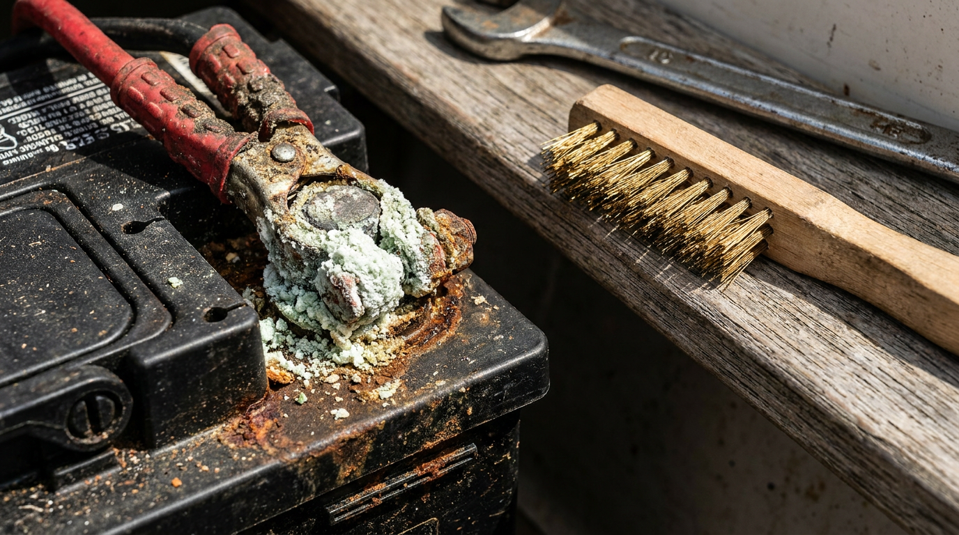 Heavily corroded boat battery terminal next to terminal cleaner brush