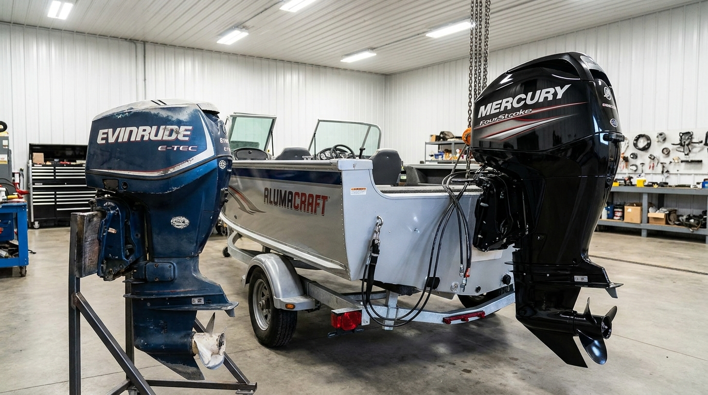 Old Evinrude removed beside new Mercury FourStroke ready for install