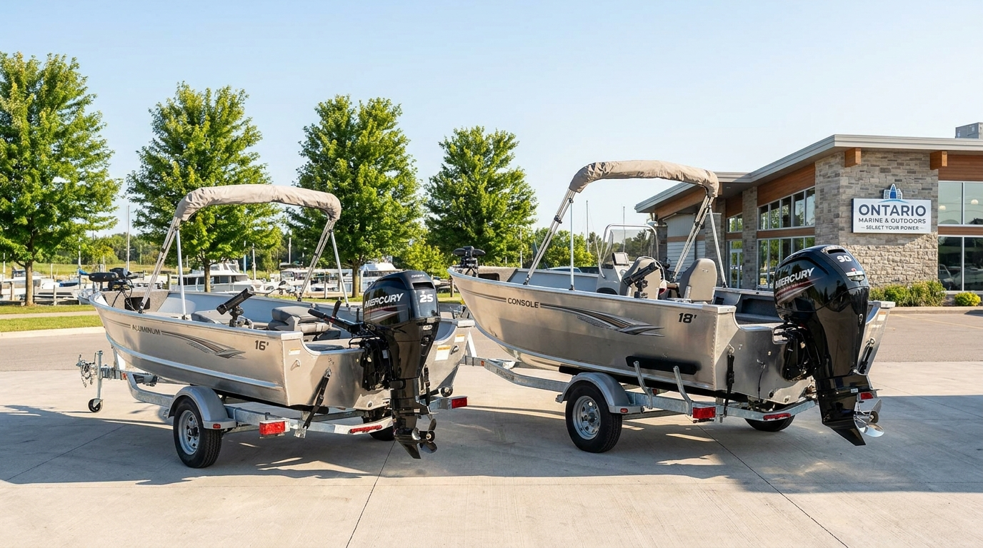 Two aluminum boats with different Mercury horsepower at dealership