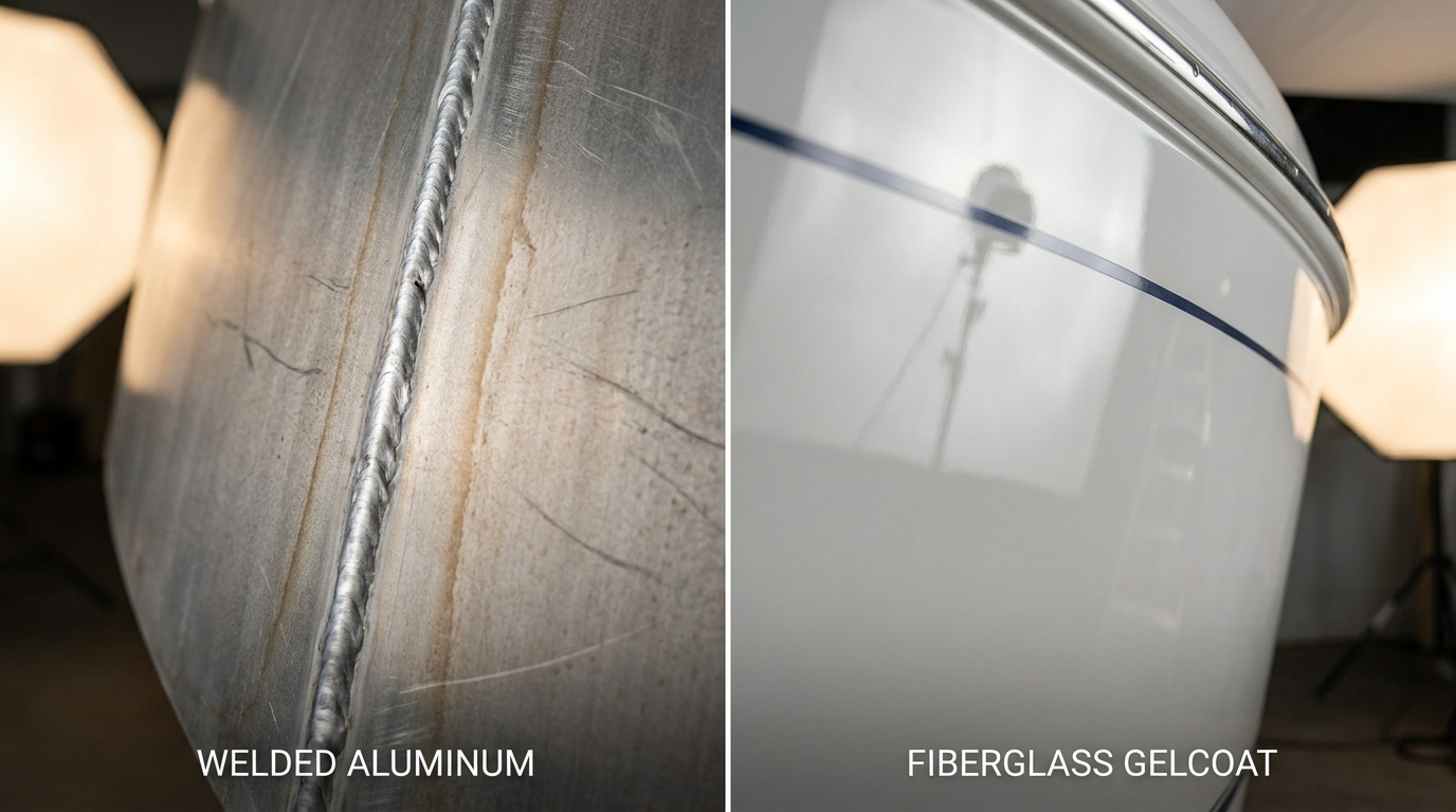 Close-up comparison of a welded aluminum hull and a glossy fiberglass gelcoat finish for Ontario boat selection.