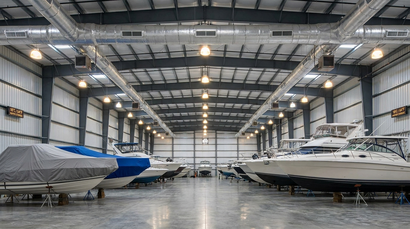 Heated indoor boat storage facility with pleasure craft on stands