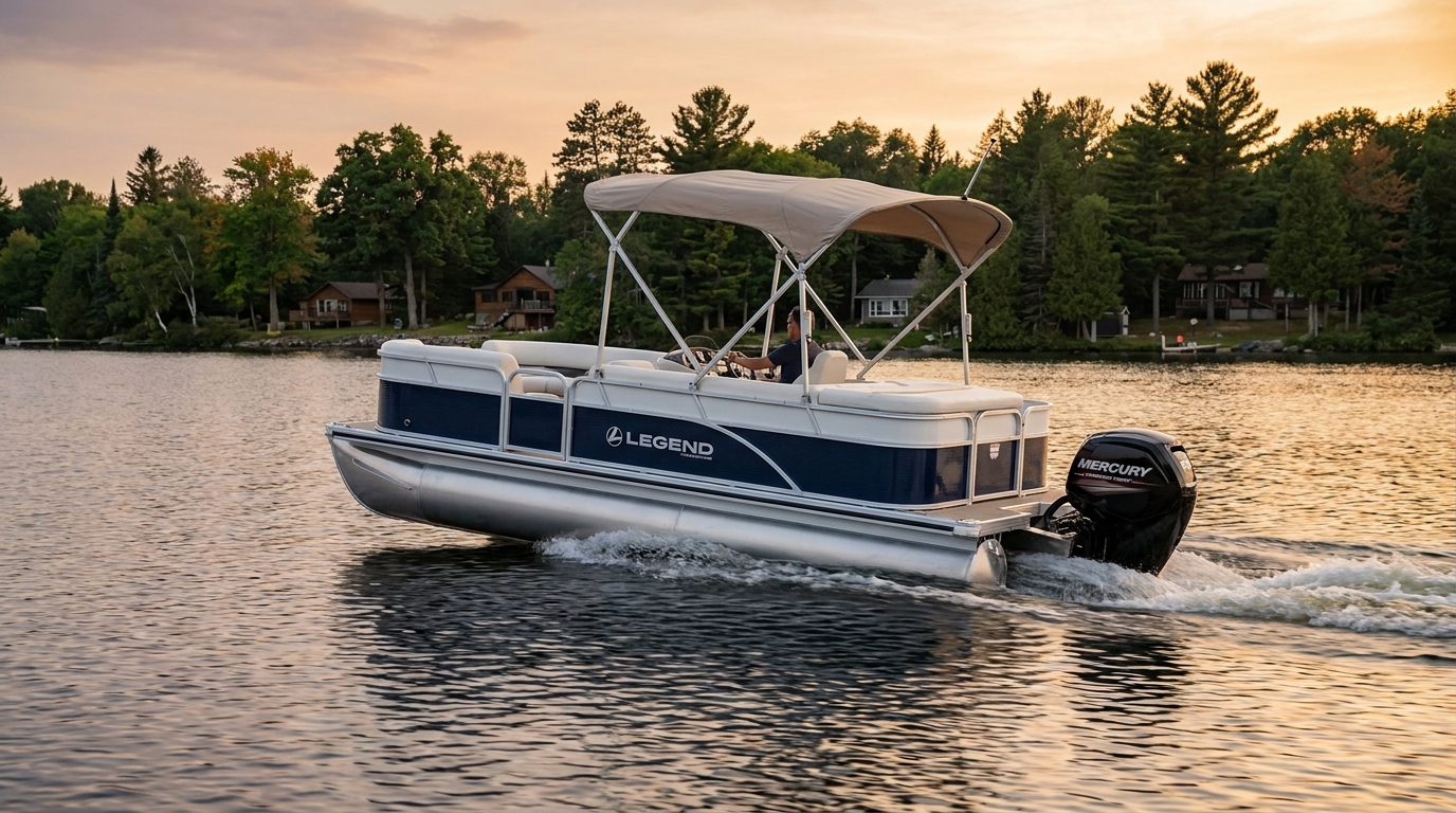 Legend pontoon with Mercury 115 Command Thrust cruising Kawartha lake