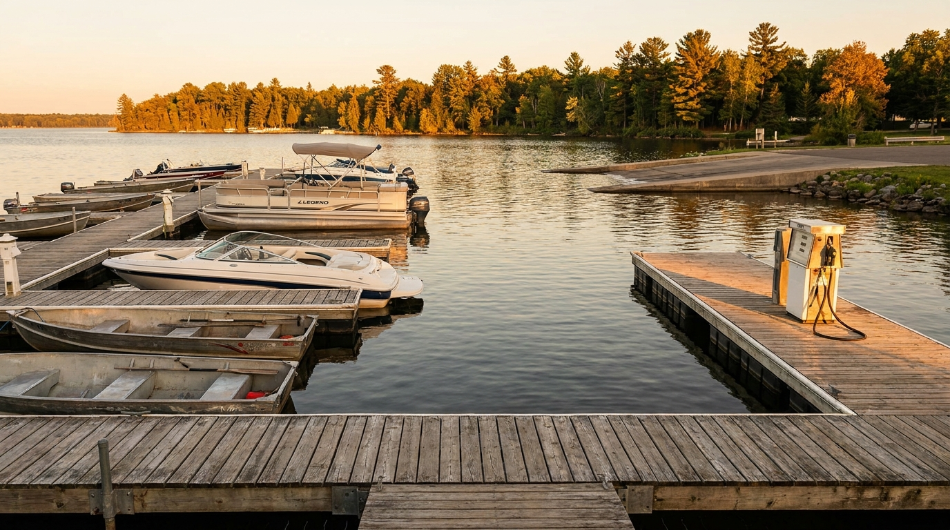 Rice Lake marina dock at golden hour with mixed boat types in the slips