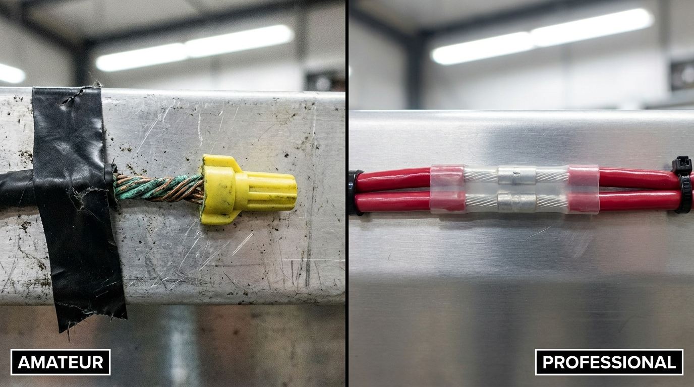 Comparison of corroded household wire nut vs. sealed marine-grade connection for boat electrical safety inspections.