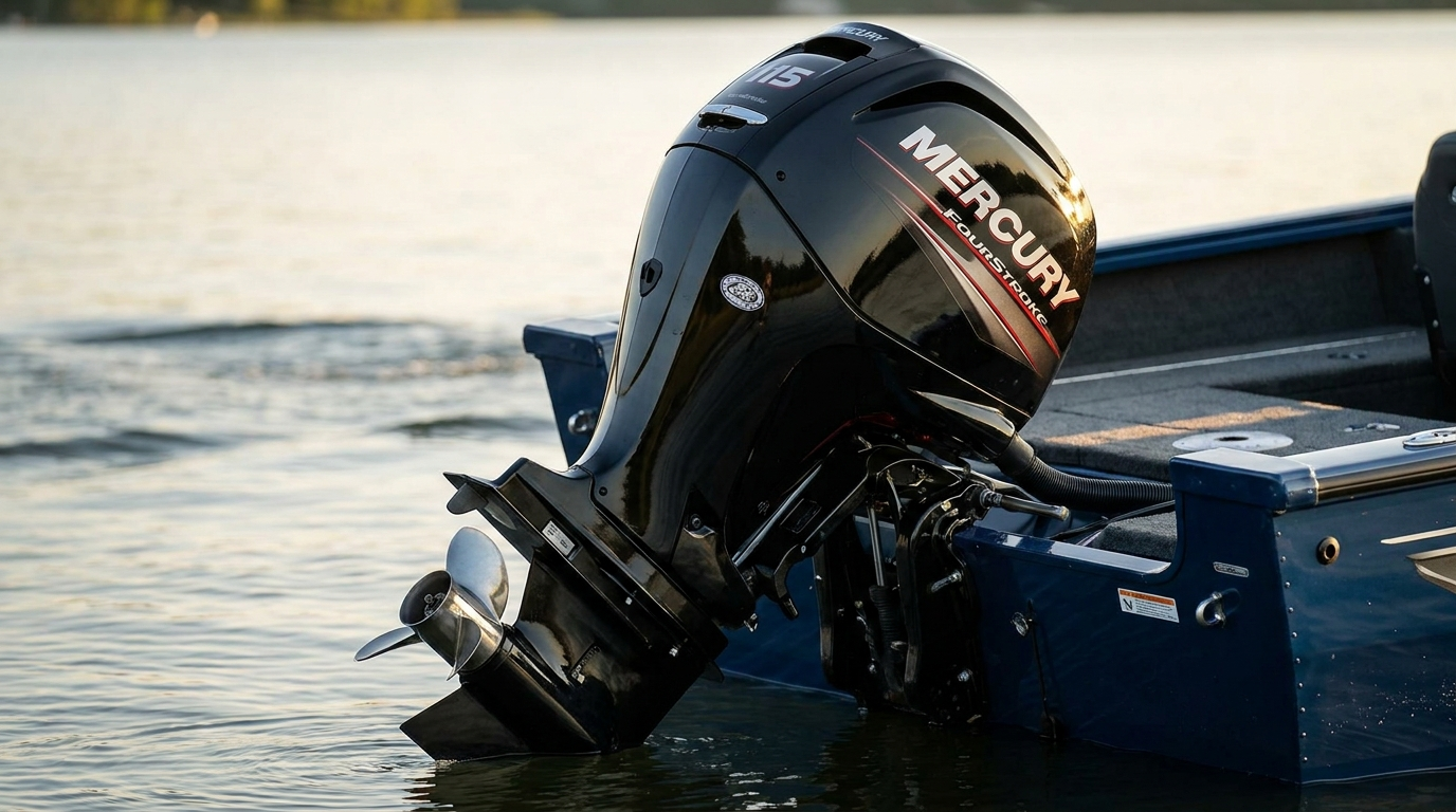Black Mercury 115 HP FourStroke outboard on an aluminum fishing boat, highlighting the lightweight design for Ontario.