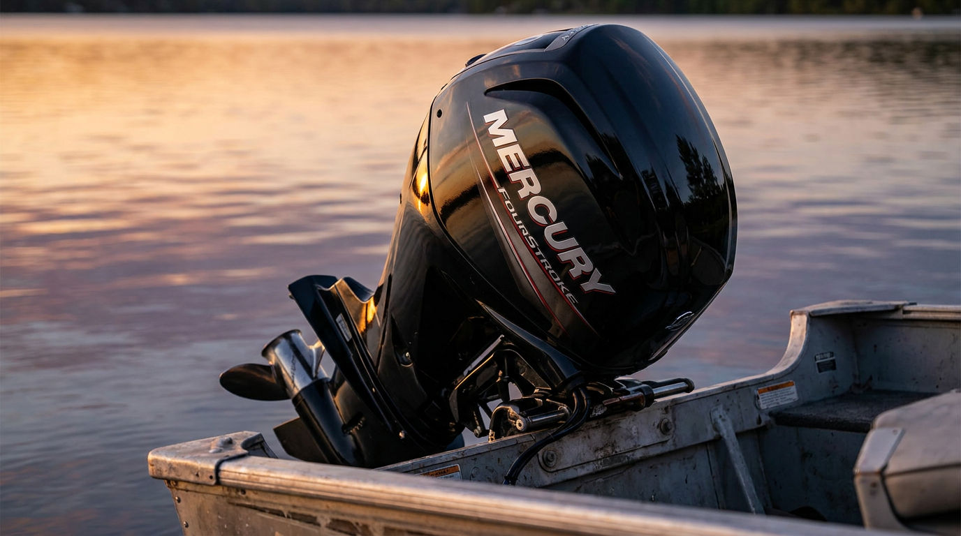 Black Mercury FourStroke outboard on an aluminum fishing boat at sunset, ideal for Ontario lake cruising.