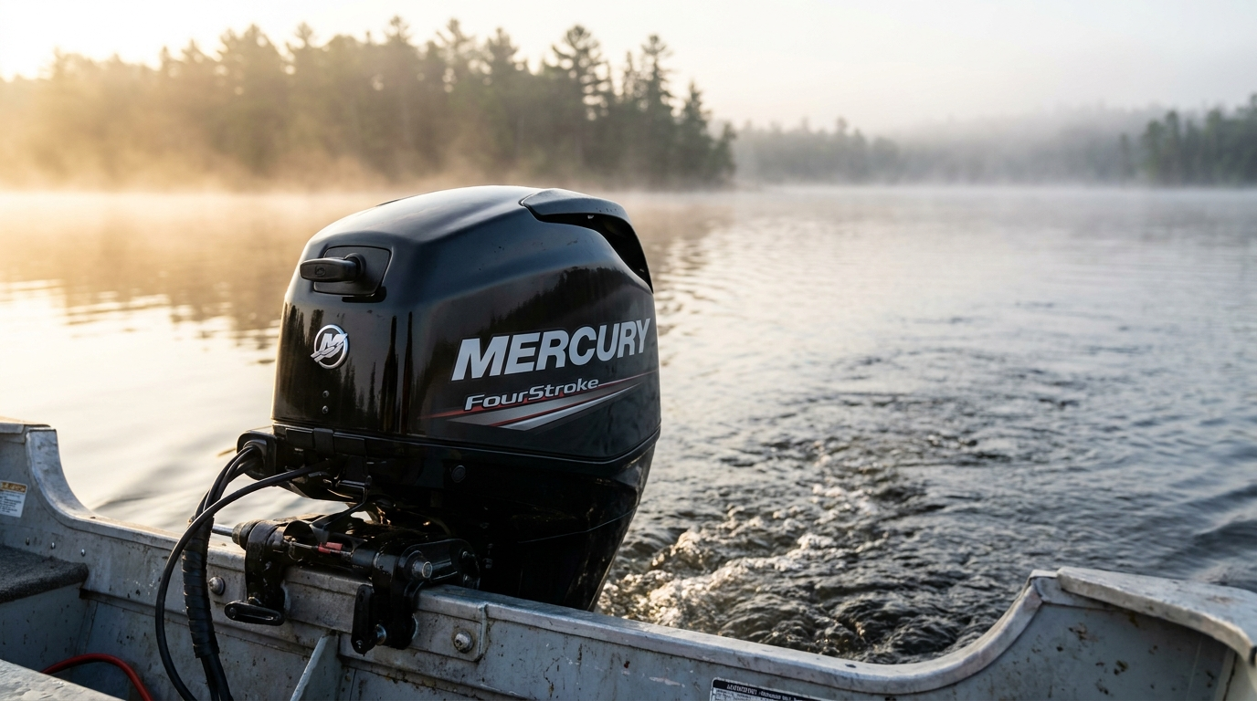 New Mercury FourStroke at break-in trolling speed on calm Rice Lake morning