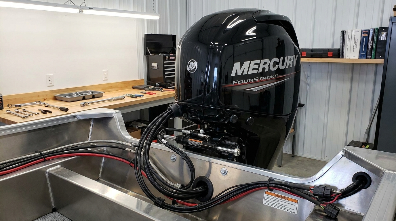 Mercury FourStroke mid-rigging with cables and harnesses routed at workshop