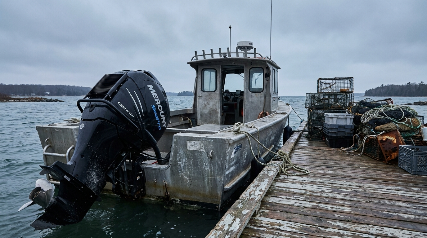Mercury SeaPro commercial outboard on rugged working fishing boat