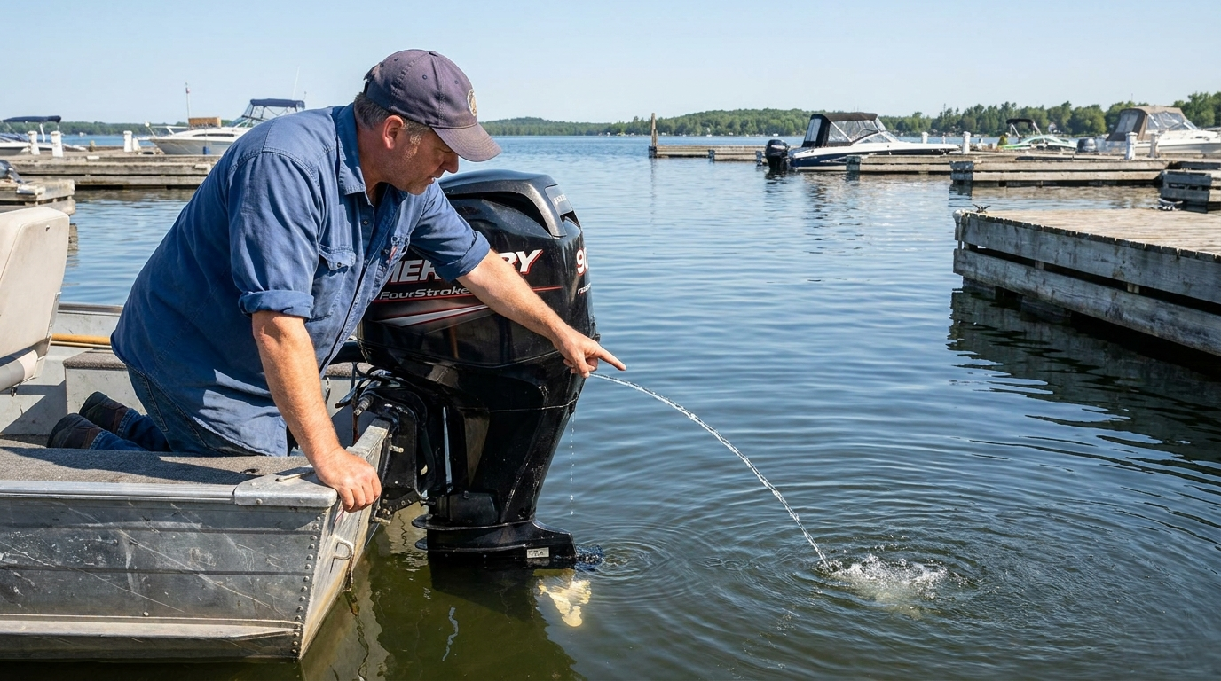 Technician checking the cooling system telltale stream on a Mercury FourStroke outboard during spring run-up.
