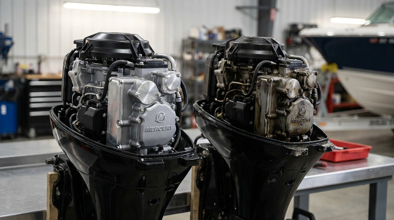 New and used Mercury FourStroke powerheads side-by-side on a workshop bench
