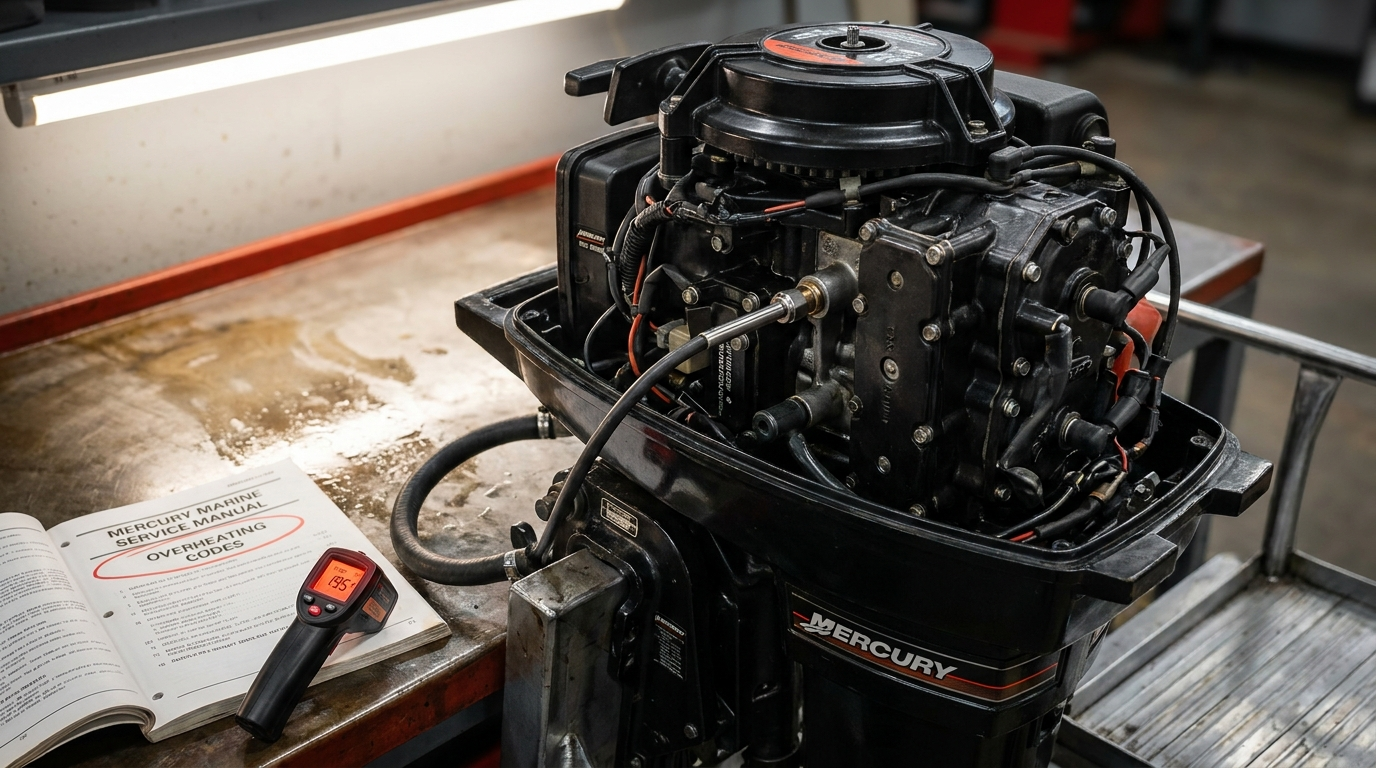 Mercury outboard engine on a workbench with a service manual and infrared thermometer for overheating diagnostics.
