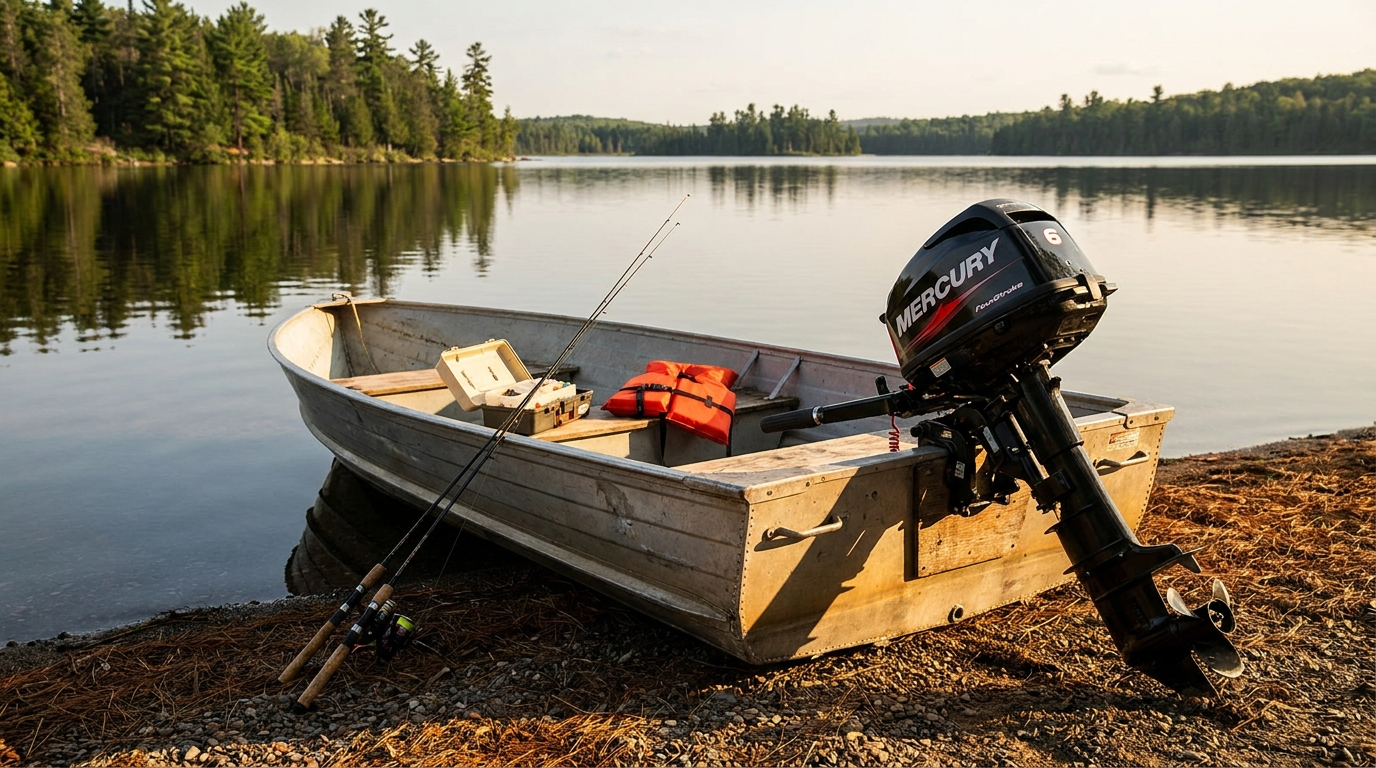 Portable Mercury FourStroke outboard on small aluminum boat at lake shore