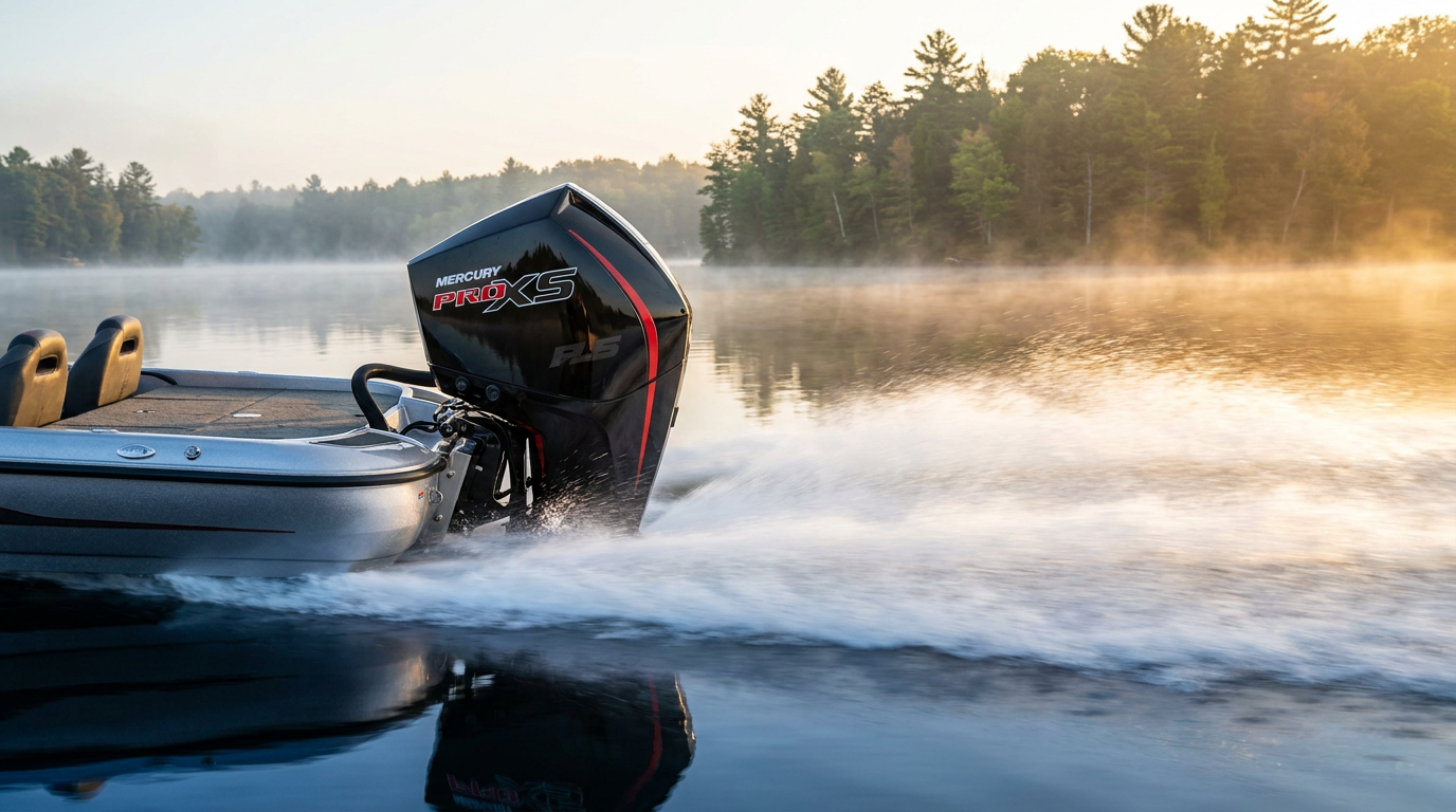 Mercury Pro XS V6 outboard on a bass boat cruising through misty Ontario lake waters at sunrise.