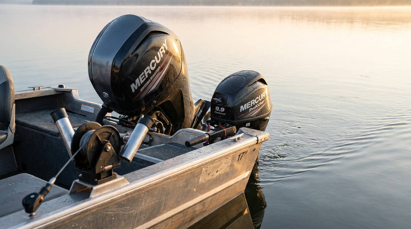 Mercury 90 main and 9.9 ProKicker mounted on a trolling rig at dawn