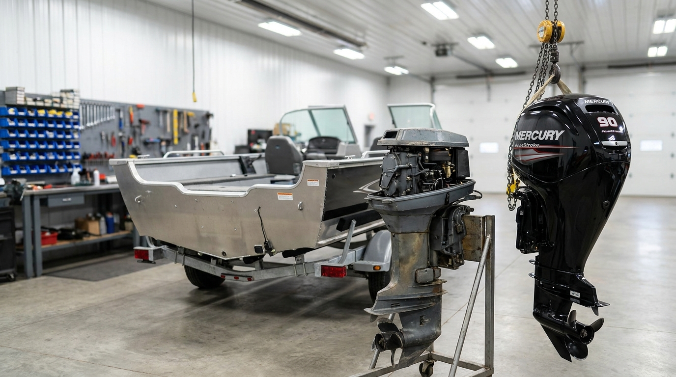 Mercury repower mid-install in the HBW service bay