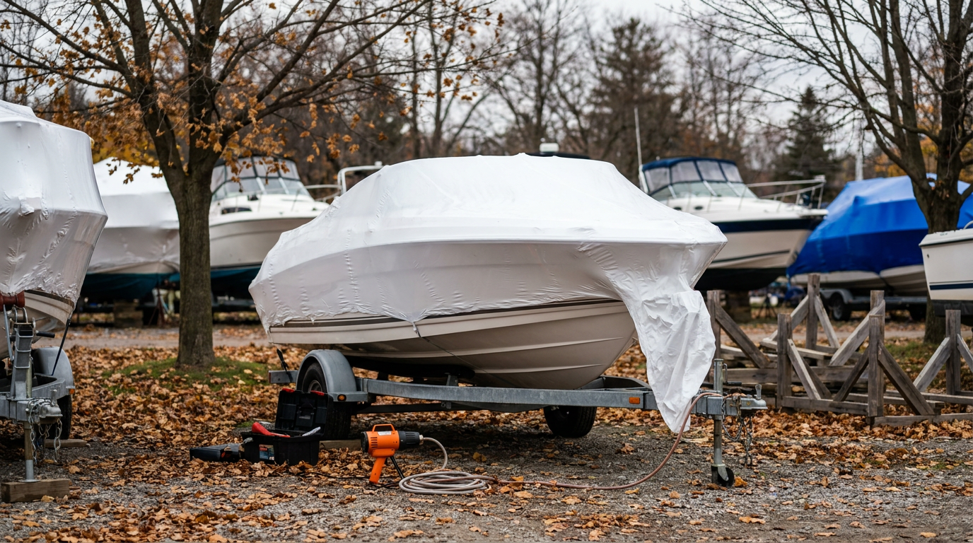 Fiberglass bowrider mid-shrinkwrap in a Canadian marina yard