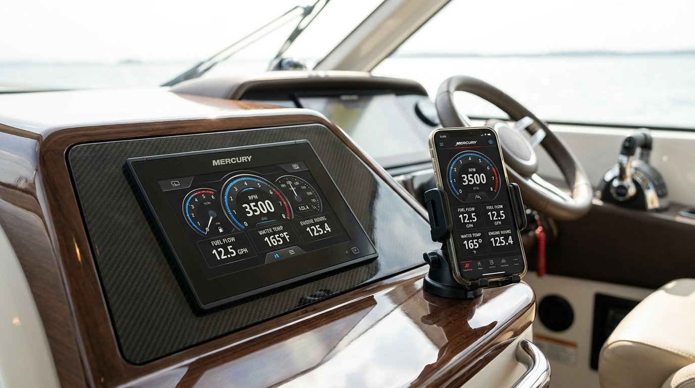 Mercury SmartCraft Connect display and VesselView Mobile app at helm