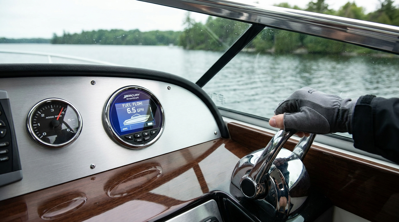 Mercury SmartCraft fuel-flow gauge showing live GPH reading at cruising RPM