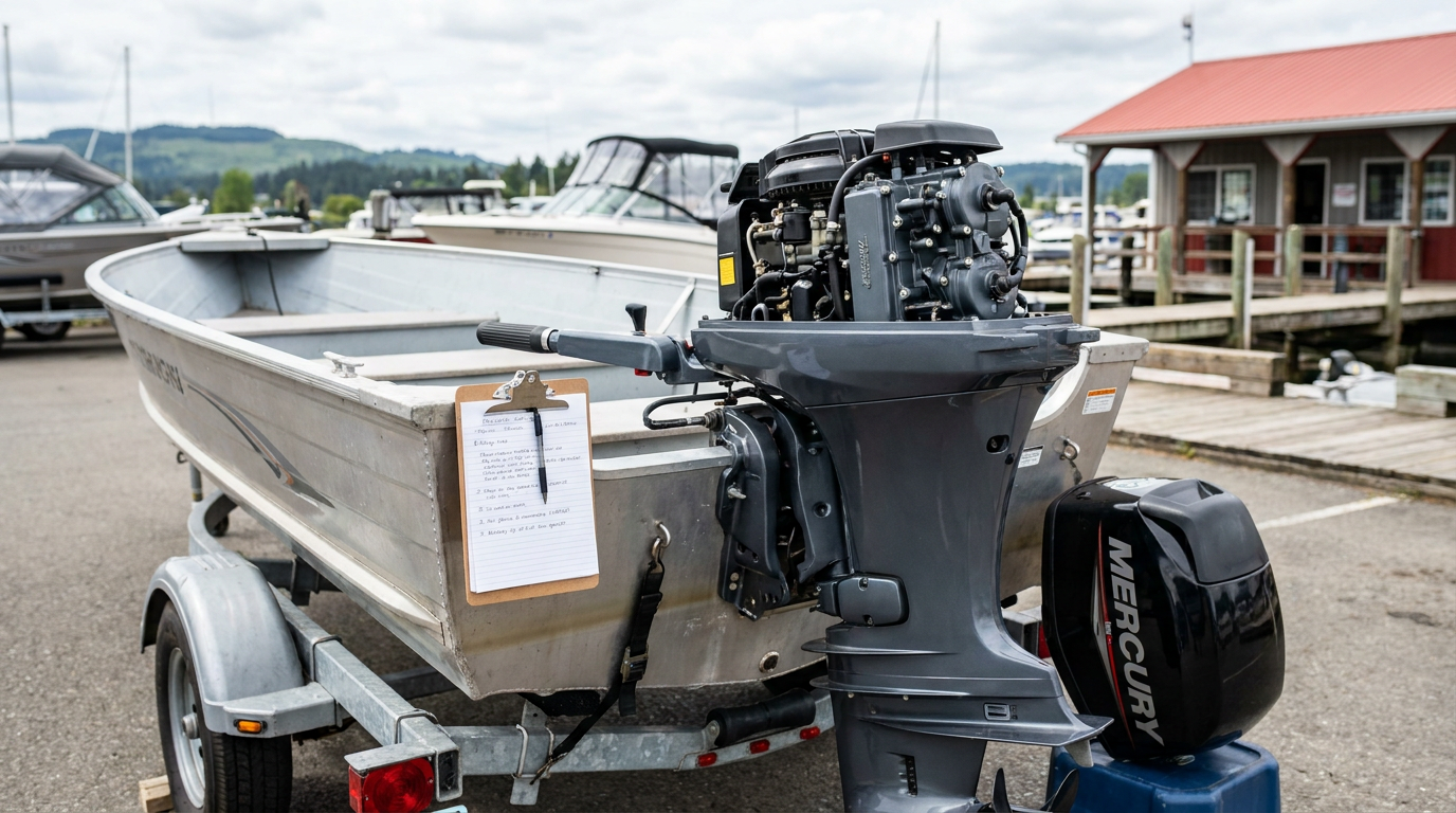 Used aluminum fishing boat with Mercury outboard prepped for trade-in evaluation